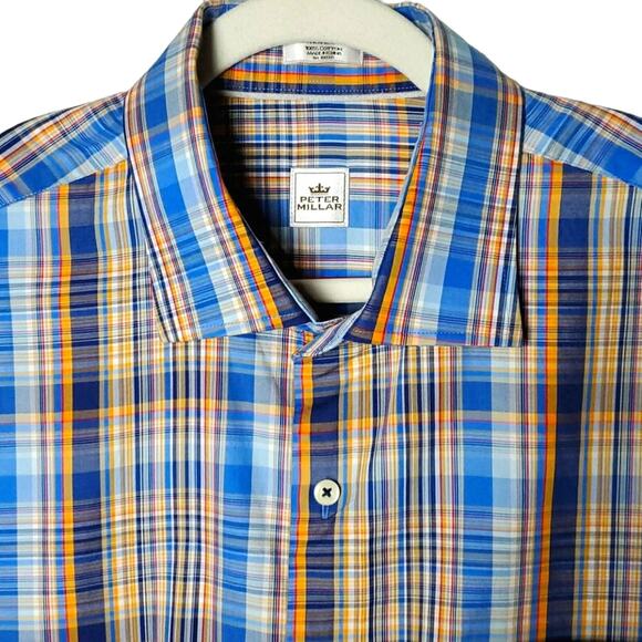 Peter Millar SZ XL 100% Cotton Blue Plaid Button Up Shirt - Picture 3 of 8